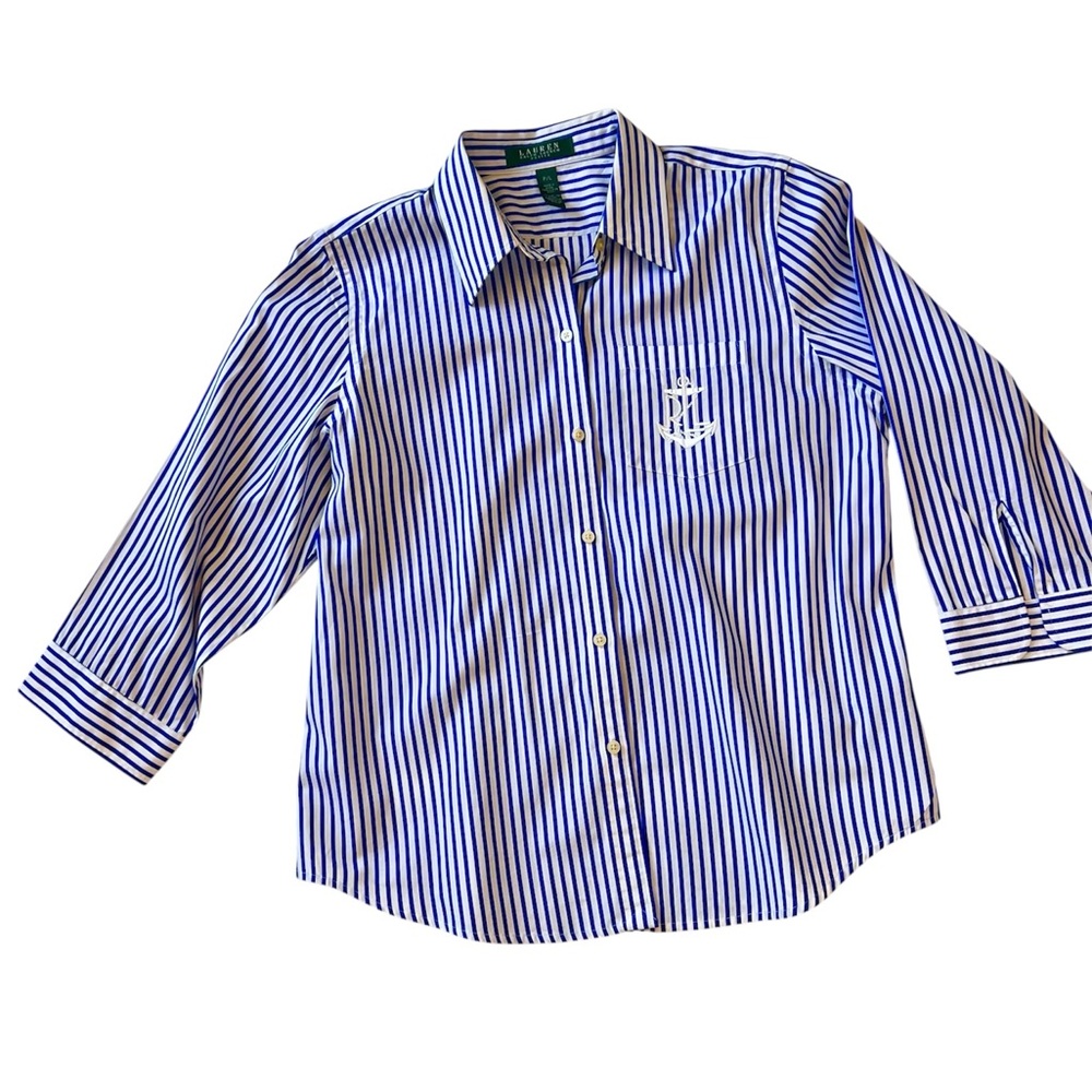 Lauren Ralph Lauren Blue White Stripe 3/4 Sleeve Button Front Blouse Top Petite